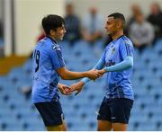 11 August 2019; Liam Kerrigan of UCD, left, is congratulated by team-mate Yoyo Mahdy after scoring his side's fifth goal during the Extra.ie FAI Cup First Round match between UCD and Letterkenny Rovers at UCD Bowl in Belfield, Dublin. Photo by Seb Daly/Sportsfile