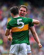 11 August 2019; Tadhg Morley, right, and team-mate Paul Murphy of Kerry celebrate at the final whistle during the GAA Football All-Ireland Senior Championship Semi-Final match between Kerry and Tyrone at Croke Park in Dublin. Photo by Brendan Moran/Sportsfile