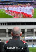 11 August 2019; Tyrone manager Mickey Harte and his team stand for Amhrán na bhFiann prior to the GAA Football All-Ireland Senior Championship Semi-Final match between Kerry and Tyrone at Croke Park in Dublin. Photo by Brendan Moran/Sportsfile