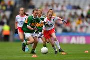 11 August 2019; Grace O'Shea, Scoil Mhuire, Howth, Dublin, representing Tyrone, in action against Marie Cranny, Bennekerry NS, Bennekerry, Carlow, representing Kerry, during the INTO Cumann na mBunscol GAA Respect Exhibition Go Games during the GAA Football All-Ireland Senior Championship Semi-Final match between Kerry and Tyrone at Croke Park in Dublin. Photo by Eóin Noonan/Sportsfile