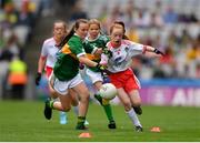 11 August 2019; Grace O'Shea, Scoil Mhuire, Howth, Dublin, representing Tyrone, in action against Marie Cranny, Bennekerry NS, Bennekerry, Carlow, representing Kerry, during the INTO Cumann na mBunscol GAA Respect Exhibition Go Games during the GAA Football All-Ireland Senior Championship Semi-Final match between Kerry and Tyrone at Croke Park in Dublin. Photo by Eóin Noonan/Sportsfile