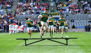 11 August 2019; Paul Murphy of Kerry jumps over the bench before the team photograph before the GAA Football All-Ireland Senior Championship Semi-Final match between Kerry and Tyrone at Croke Park in Dublin. Photo by Piaras Ó Mídheach/Sportsfile