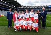 11 August 2019; INTO General Secretary John Boyle, LGFA President Marie Hickey, Cumann na mBunscol President Mairéad O'Callaghan, Uachtarán Chumann Lúthchleas Gael John Horan, with the Tyrone team, back row, left to right, Aaron Waterhouse, Drimnagh Castle PS, Walkinstown, Dublin, Dominic Doherty, St Joseph's PS, Crumlin, Antrim, Jamie Dorr, Scoil Mhuire, Newtownforbes, Longford, Shane Mullarkey, Ballyroan Boys NS, Rathfarnham, Dublin, Conor Bodkin, St. Patricks PS, Tuam, Galway, front row, left to right, Colm McGuckian, Sacred Heart NS, Aughrim, Wicklow, Turlough Carr, St Francis, Barnesmore, Donegal Town, Donegal, Daniel Carr, St Patrick's, Mayobridge, Newry, Down, Peter Horan, Kilmovee NS, Ballaghaderreen, Mayo, Brian Hanly, St. Patrick's PS, Magheralin, Down, ahead of the INTO Cumann na mBunscol GAA Respect Exhibition Go Games during the GAA Football All-Ireland Senior Championship Semi-Final match between Kerry and Tyrone at Croke Park in Dublin. Photo by Piaras Ó Mídheach/Sportsfile