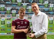 11 August 2019; Bill Boucher, Manager at Electric Ireland, presents Jonathan McGrath of Galway with the Player of the Match award for his major performance in the Electric Ireland GAA All-Ireland Minor Football Championship Semi-Final at Corke Park in Dublin. Throughout the Championships, fans can follow the conversation, vote for their player of the week, support the Minors and be a part of something major through the hashtag #GAAThisIsMajor. Photo by Ramsey Cardy/Sportsfile