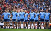 10 August 2019; Dublin players stand for the national anthem ahead of the GAA Football All-Ireland Senior Championship Semi-Final match between Dublin and Mayo at Croke Park in Dublin. Photo by Sam Barnes/Sportsfile