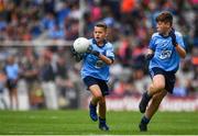 10 August 2019; Dáire Tracey, The Good Shepherd PS, Good Shepherd Road, Antrim, left, and Gavin Murphy, Scoil Mhuire Naofa, Rhode, Offaly, both representing Dublin, during the INTO Cumann na mBunscol GAA Respect Exhibition Go Games during the GAA Football All-Ireland Senior Championship Semi-Final match between Dublin and Mayo at Croke Park in Dublin. Photo by Sam Barnes/Sportsfile