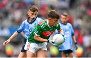 10 August 2019; Cillian Twohig, Kilmeen NS, Clonakilty ,Cork, representing Mayo, in action against Mason Melia, Newtownmountkennedy PS, Newtownmountkennedy, Wicklow, representing Dublin, during the INTO Cumann na mBunscol GAA Respect Exhibition Go Games during the GAA Football All-Ireland Senior Championship Semi-Final match between Dublin and Mayo at Croke Park in Dublin. Photo by Sam Barnes/Sportsfile