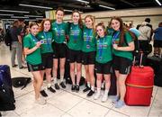 12 August 2019; Members of the Ireland basketball bronze medallist, from left, Enya Maguire, Sorcha Tiernan, Rachel Huijsdens, Amy Dooley, Alison Blaney, Annaliese Murphy and Maeve Phelan on their return from the FIBA U20 Women’s European Championships Division B Finals, held in Kosovo, at Dublin Airport in Dublin. Photo by Stephen McCarthy/Sportsfile