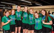 12 August 2019; Members of the Ireland basketball bronze medallist, from left, Enya Maguire, Sorcha Tiernan, Rachel Huijsdens, Amy Dooley, Alison Blaney, Annaliese Murphy and Maeve Phelan on their return from the FIBA U20 Women’s European Championships Division B Finals, held in Kosovo, at Dublin Airport in Dublin. Photo by Stephen McCarthy/Sportsfile
