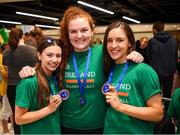 12 August 2019; Members of the Ireland basketball bronze medallist, from left, Enya Maguire, Maggie Byrne and Dayna Finn on their return from the FIBA U20 Women’s European Championships Division B Finals, held in Kosovo, at Dublin Airport in Dublin. Photo by Stephen McCarthy/Sportsfile