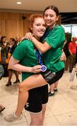 12 August 2019; Claire Melia, left, and Enya Maguire of the Ireland basketball bronze medallist squad on their return from the FIBA U20 Women’s European Championships Division B Finals, held in Kosovo, at Dublin Airport in Dublin. Photo by Stephen McCarthy/Sportsfile