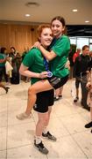 12 August 2019; Claire Melia, left, and Enya Maguire of the Ireland basketball bronze medallist squad on their return from the FIBA U20 Women’s European Championships Division B Finals, held in Kosovo, at Dublin Airport in Dublin. Photo by Stephen McCarthy/Sportsfile