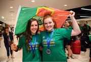 12 August 2019; Members of the Ireland basketball bronze medallist squad Dayna Finn, left, and Maggie Byrne, from Kiltimagh, Mayo, on their return from the FIBA U20 Women’s European Championships Division B Finals, held in Kosovo, at Dublin Airport in Dublin. Photo by Stephen McCarthy/Sportsfile