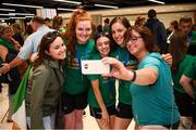 12 August 2019; Members of the Ireland basketball bronze medallist squad, from left, Maggie Byrne, Enya Maguire and Dayna Finn pose for a photograph with Annie McKeon, left, and Rita Campbell on their return from the FIBA U20 Women’s European Championships Division B Finals, held in Kosovo, at Dublin Airport in Dublin. Photo by Stephen McCarthy/Sportsfile