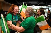 12 August 2019; Maggie Byrne, from Kiltimagh, Mayo, of the Ireland basketball bronze medallist squad is greeted by Vera McKeon on her return from the FIBA U20 Women’s European Championships Division B Finals, held in Kosovo, at Dublin Airport in Dublin. Photo by Stephen McCarthy/Sportsfile