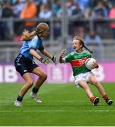 10 August 2019; Laura O'Shea, Herbertstown NS, Herbertstown, Limerick, representing Mayo, in action against Sophie English, Mount Anville PS, Stillorgan, Dublin, during the INTO Cumann na mBunscol GAA Respect Exhibition Go Games during the GAA Football All-Ireland Senior Championship Semi-Final match between Dublin and Mayo at Croke Park in Dublin. Photo by Piaras Ó Mídheach/Sportsfile