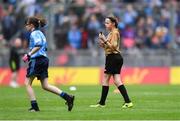 10 August 2019; Referee Amy Dalton, St Mary’s Parish PS, Drogheda, Louth, during the INTO Cumann na mBunscol GAA Respect Exhibition Go Games during the GAA Football All-Ireland Senior Championship Semi-Final match between Dublin and Mayo at Croke Park in Dublin. Photo by Piaras Ó Mídheach/Sportsfile