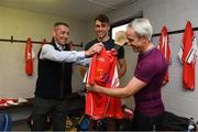 13 August 2019; Team manager Davy Russell, left, and Dublin hurler Chris Crummy, centre, give Ruby Walsh his jersey before the start of the eighth annual Hurling for Cancer Research, a celebrity hurling match in aid of the Irish Cancer Society in St Conleth’s Park, Newbridge. The event, organised by legendary racehorse trainer Jim Bolger and National Hunt jockey Davy Russell, has raised €830,000 to date to fund the Irish Cancer Society’s innovative cancer research projects. The final score was: Jim Bolger’s Best: 15, Davy Russell’s Stars 15. St Conleth’s Park, Newbridge, Co Kildare. Photo by Matt Browne/Sportsfile