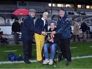 13 August 2019; Averil Power CEO of the Irish Cancer Society and former jockey Freddy Tylicki present the trophy to team managers Jim Bolger and Liam Griffin after the eighth annual Hurling for Cancer Research, a celebrity hurling match in aid of the Irish Cancer Society in St Conleth’s Park, Newbridge. The event, organised by legendary racehorse trainer Jim Bolger and National Hunt jockey Davy Russell, has raised €830,000 to date to fund the Irish Cancer Society’s innovative cancer research projects. The final score was: Jim Bolger’s Best: 15, Davy Russell’s Stars 15. St Conleth’s Park, Newbridge, Co Kildare. Photo by Matt Browne/Sportsfile