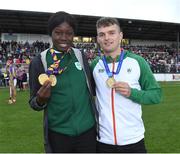 13 August 2019; Team Ireland's Rhasidat Adeleke and Marcus Lawler during the eighth annual Hurling for Cancer Research, a celebrity hurling match in aid of the Irish Cancer Society in St Conleth’s Park, Newbridge. The event, organised by legendary racehorse trainer Jim Bolger and National Hunt jockey Davy Russell, has raised €830,000 to date to fund the Irish Cancer Society’s innovative cancer research projects. The final score was: Jim Bolger’s Best: 15, Davy Russell’s Stars 15. St Conleth’s Park, Newbridge, Co Kildare. Photo by Matt Browne/Sportsfile