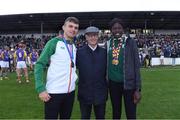 13 August 2019; Jim Bolger with Team Ireland's Marcus Lawler and Rhasidat Adeleke during the eighth annual Hurling for Cancer Research, a celebrity hurling match in aid of the Irish Cancer Society in St Conleth’s Park, Newbridge. The event, organised by legendary racehorse trainer Jim Bolger and National Hunt jockey Davy Russell, has raised €830,000 to date to fund the Irish Cancer Society’s innovative cancer research projects. The final score was: Jim Bolger’s Best: 15, Davy Russell’s Stars 15. St Conleth’s Park, Newbridge, Co Kildare. Photo by Matt Browne/Sportsfile