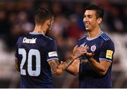 13 August 2019; Vernon De Marco, right, of Slovan Bratislava congratulates team-mate Erik Daniel after scoring his side's third goal during the UEFA Europa League 3rd Qualifying Round 2nd Leg match between Dundalk and SK Slovan Bratislava at Tallaght Stadium in Tallaght, Dublin. Photo by Stephen McCarthy/Sportsfile