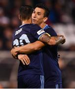 13 August 2019; Vernon De Marco, right, of Slovan Bratislava congratulates team-mate Erik Daniel after scoring his side's third goal during the UEFA Europa League 3rd Qualifying Round 2nd Leg match between Dundalk and SK Slovan Bratislava at Tallaght Stadium in Tallaght, Dublin. Photo by Stephen McCarthy/Sportsfile