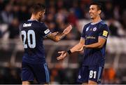 13 August 2019; Vernon De Marco, right, of Slovan Bratislava congratulates team-mate Erik Daniel after scoring his side's third goal during the UEFA Europa League 3rd Qualifying Round 2nd Leg match between Dundalk and SK Slovan Bratislava at Tallaght Stadium in Tallaght, Dublin. Photo by Stephen McCarthy/Sportsfile