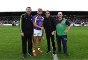 13 August 2019; Lee Chin of team Jim Bolger with official match starter Tony McCoy and referees Jimmy Barry-Murphy and Cyril Farrell before the eighth annual Hurling for Cancer Research, a celebrity hurling match in aid of the Irish Cancer Society in St Conleth’s Park, Newbridge. The event, organised by legendary racehorse trainer Jim Bolger and National Hunt jockey Davy Russell, has raised €830,000 to date to fund the Irish Cancer Society’s innovative cancer research projects. The final score was: Jim Bolger’s Best: 15, Davy Russell’s Stars 15. St Conleth’s Park, Newbridge, Co Kildare. Photo by Matt Browne/Sportsfile