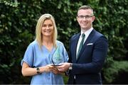 14 August 2019; Grace Kelly of Mayo is presented with her with The Croke Park / LGFA Player of the Month award for July by Peter O'Curry, Sales and Marketing Executive, The Croke Park, at The Croke Park in Jones Road, Dublin. Grace starred for Mayo in their TG4 All-Ireland SFC qualifier victories over Tyrone and Donegal in July, scoring 1-3 against Tyrone and 0-8 in the win against Donegal. Photo by Matt Browne/Sportsfile