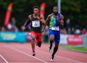 14 August 2019; Demek Kemp of USA, left, on his way to winning the Men's 100m event, sponsored by SuperValu, ahead of Ameer Webb of USA during the BAM Cork City Sports at CIT Athletics Stadium in Bishopstown, Cork. Photo by Sam Barnes/Sportsfile