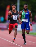 14 August 2019; Demek Kemp of USA, left, on his way to winning the Men's 100m event, sponsored by SuperValu, ahead of Ameer Webb of USA during the BAM Cork City Sports at CIT Athletics Stadium in Bishopstown, Cork. Photo by Sam Barnes/Sportsfile