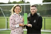 15 August 2019; Jack Byrne of Shamrock Rovers is presented with his SSE Airtricity/SWAI Player of the Month award for July 2019 by Leanne Sheill, Marketing Manager, SSE Airtricity, at Shamrock Rovers FC academy in Dublin. Photo by Matt Browne/Sportsfile