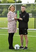 15 August 2019; Jack Byrne of Shamrock Rovers is presented with his SSE Airtricity/SWAI Player of the Month award for July 2019 by Leanne Sheill, Marketing Manager, SSE Airtricity, at Shamrock Rovers FC academy in Dublin. Photo by Matt Browne/Sportsfile