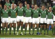 11 October 2003; Ireland players, from left, Brian O'Driscoll, Denis Hickie, Shane Horgan, Girvan Dempsey, Kevin Maggs, David Humphreys and Peter Stringer stand together for &quot; Ireland's Call &quot; before the game. 2003 Rugby World Cup, Pool A, Ireland v Romania, Central Coast Stadium, Gosford, New South Wales, Australia. Picture credit; Brendan Moran / SPORTSFILE *EDI*