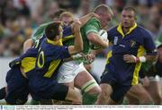 11 October 2003; Victor Costello, Ireland, in action against George Chirac and Ionut Tofan (10), Romania. 2003 Rugby World Cup, Pool A, Ireland v Romania, Central Coast Stadium, Gosford, New South Wales, Australia. Picture credit; Brendan Moran / SPORTSFILE *EDI*