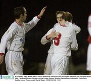 4 November 2003; Richie Baker, centre, Shelbourne, celebrates after scoring his sides first goal with team-mates Ollie Cahill and Thomas Morgan. eircom League Premier Division, Shelbourne v Bohemians, Tolka Park, Dublin. Soccer. Picture credit; David Maher / SPORTSFILE *EDI*