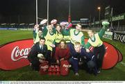 7 November 2003; Mo Durkan, Public Affairs and Communications Manager for Coca Cola, centre, at the announcment of the new Coca Cola Tag Rugby campaign for primary schools in Ireland with Simon Bewley, National Tag Rugby Development Officer, and, right, Leo Cullen, Leinster Rugby team, pictured with some of the kids from schools that will be playing tag rugby. Picture credit; Matt Browne / SPORTSFILE *EDI*