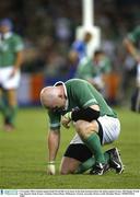 9 November 2003; Ireland captain Keith Wood falls to his knees in the final moments before the defeat against France. 2003 Rugby World Cup, Quarter Final, France v Ireland, Telstra Dome, Melbourne, Victoria, Australia. Picture credit; Brendan Moran / SPORTSFILE *EDI*