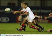 3 October 2003; Kieran Campbell, Ulster, tackled by Leinster's Des Dillon and Brian O'Riordan. Celtic Cup Quarter-Final, Ulster v Leinster, Ravenhill, Belfast. Rugby. Picture credit; Matt Browne / SPORTSFILE *EDI*