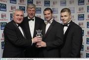 7 November 2003; An Taoiseach Bertie Ahern T.D. George Wallace, General Manager, SEAT, Player of the Year Steven McDonnell and GPA Chief Executive Dessie Farrell pictured at the Carphone Warehouse sponsored GPA Gala night featuring the Seat Player of Year Awards, Burlington Hotel, Dublin. Picture credit; Ray McManus / SPORTSFILE *EDI*