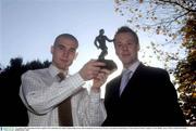 9 November 2003; Shane Barrett, left, Longford Town with Mark Lee, Head of Sponsorship eircom, after winning the eircom Soccer Writers Association of Ireland player of the month for October, Stephen's Green, Dublin. Soccer. Picture credit; David Maher / SPORTSFILE *EDI*