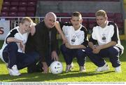 9 November 2003; Republic of Ireland assistant coach, Noel O'Reilly, with left to right, Alan Lynch, Bohemians, Stephen Lawless, Cherry Orchard and Gordan Watson, St. Jospehs, at the launch of the Tayto EOLAS Development Academy by the Dublin and District Schoolboy League. Richmond Park, Dublin. Soccer. Picture credit; David Maher / SPORTSFILE *EDI*
