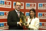 10 November 2003; Christina Heffernan, Mayo footballer, with Enda Lynch, Vodafone Sponsorship Executive, after winning the Vodafone GAA Player of the Year Award. Westin Hotel, Dublin. Picture Credit; David Maher / SPORTSFILE *EDI*