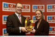 10 November 2003; Eimear McDonnell, Tipperary camogie, with Enda Lynch, Vodafone Sponsorship Executive, after winning the Vodafone GAA Player of the Year Award. Westin Hotel, Dublin. Picture Credit; David Maher / SPORTSFILE *EDI*