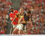 14 September 2003; James McGarry, Kilkenny goalkeeper and James Ryall, Kilkenny in action against Setanta O'hAilpin. Guinness All-Ireland Senior Hurling Championship Final, Kilkenny v Cork, Croke Park, Dublin. Picture credit; Ray McManus / SPORTSFILE *EDI*