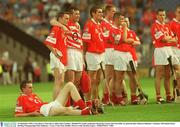 14 September 2003; Cork players (from left to right) John Gardiner, Michael O'Connell, goalkeeper Donal Og Cusack and Tom Kelly are pictured after defeat to Kilkenny. Guinness All-Ireland Senior Hurling Championship Final, Kilkenny v Cork, Croke Park, Dublin. Picture credit; Damien Eagers / SPORTSFILE *EDI*