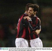 11 November 2003; Damien Lynch and Colin Hawkins, Bohemians, celebrates after their team-mate Dave Morrison scored his sides third goal. Eircom League Premier Division, Derry City v Bohemians, Brandywell, Derry. Soccer. Picture credit; David Maher / SPORTSFILE *EDI*