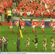 14 September 2003; The Cork and Kilkenny teams pictured during the pre-match parade. Guinness All-Ireland Senior Hurling Championship Final, Kilkenny v Cork, Croke Park, Dublin. Picture credit; Damien Eagers / SPORTSFILE