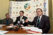 13 November 2003; FAI Career Guidance Officer, Eoin Hand, right, with FAI Chief Executive Fran Rooney, centre, and Ger McGuigan, Crumlin United, pictured at a press conference to outline details of the landmark decision by FIFA ruling in favour of a claim made by the association and Crumlin United in relation to transfer related payments. Picture credit; Matt Browne / SPORTSFILE *EDI*